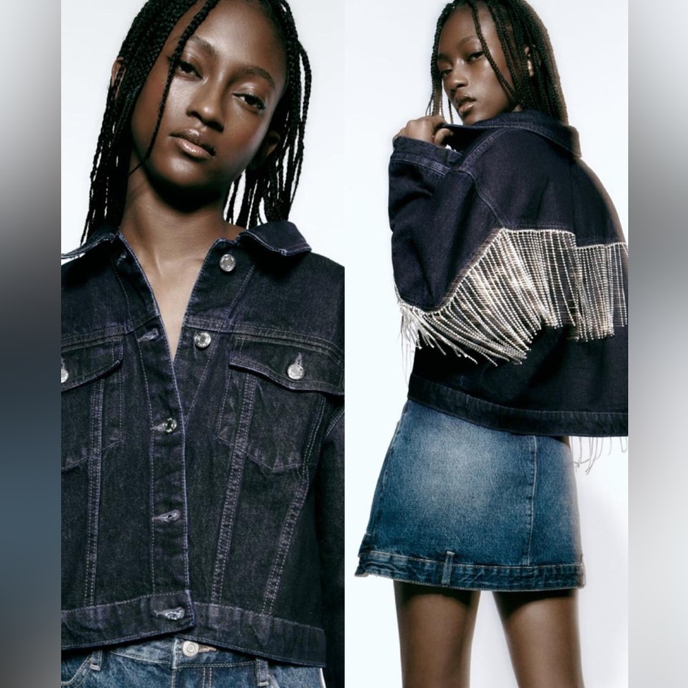 Zara Black Denim Jacket with Silver Fringe